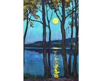 Moonlight Mirror Lake Canvas Wrap – Still waters reflect a golden moonbeam in this peaceful lakeside twilight scene.