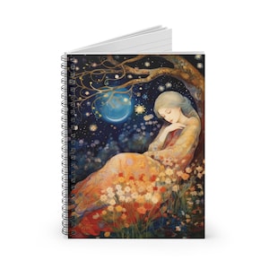 Moon Meditation Spiral Notebook, Fine Art Journal, Floral Notepad, Meditation Diary, Lunar Notebook, Celestial Planner, Moon Phases