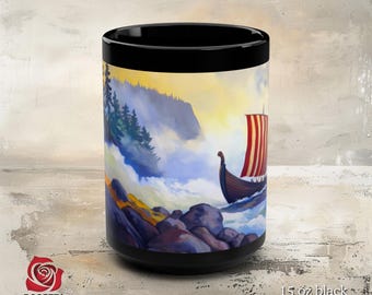 Vikings Threading The Needle Nordic Ceramic Art Mug -  Viking Ship In Misty Fjord, Scandinavian Adventure Cup, Viking Coffee Mug.