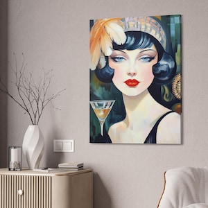 Midnight at the Speakeasy Canvas Wrap – A glamorous flapper holds her cocktail, glowing with 1920s charm and mystery.
