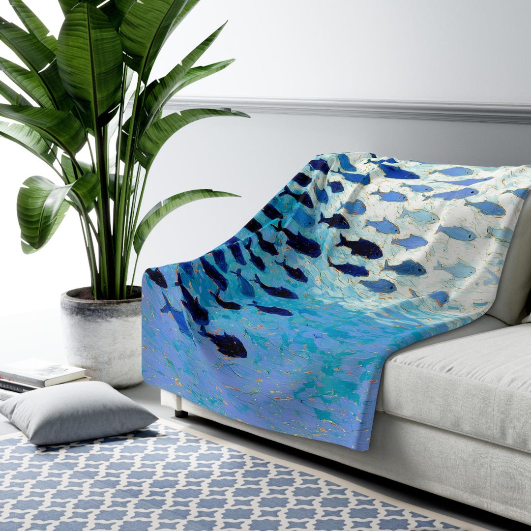Under the Sea Sherpa Blanket – Swirling Blue Fish School Design ...