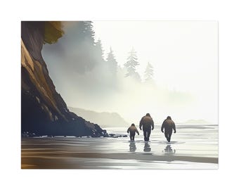 Olympic National Park Sasquatch Family Beach Walk Canvas Wrap– A Pacific Northwest dreamscape of myth, mist ,& muddy footprints by the sea.