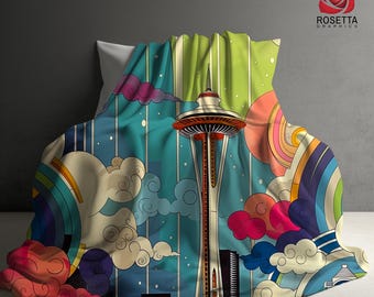 Groovy Retro Space Needle Sherpa Fleece Blanket - Add a pop of color and warmth with this fun, cozy, colorful Seattle art cityscape throw.