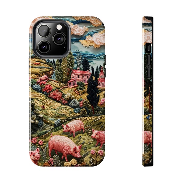 Pig Cottage iPhone Case, Vintage Embroidery Style Tough Cell Phone Cover For 15 14 13 12 11 X XR XS 8 7 SE Pro Max Plus Mini