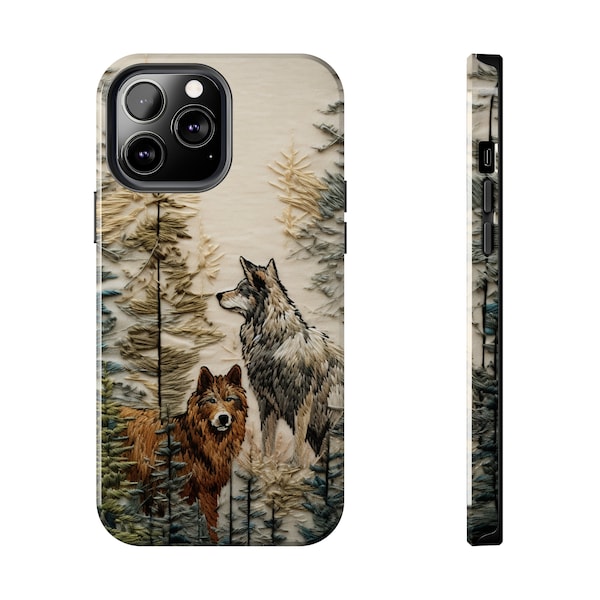 Embroidered Wolf iPhone Case, Minimalistic Nature Embroidery Tough Cell Phone Cover For 15 14 13 12 11 X XR XS 8 7 SE Pro Max Plus Mini