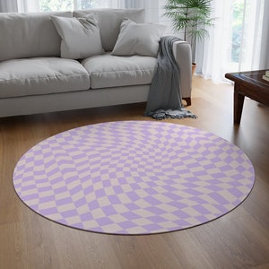 Groovy Purple Checkered Rug, Large Area Rugs for Bedroom Aesthetic, 70s Retro Circle Rug, Checkerboard 9x12 Circular Rug for Living Room