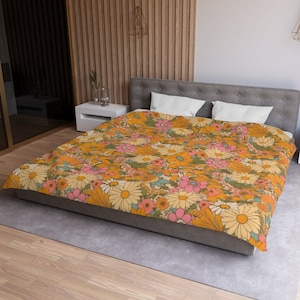 Flower Hippie Bedding Set, Comforter or Duvet Cover, Floral 60s Bedroom Aesthetic, Unique Groovy Comforter Set, Orange Retro Bedding Gift