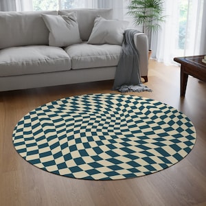 Groovy Blue Checkered Rug, Large Area Rugs for Bedroom Aesthetic, 70s Retro Circle Rug, Checkerboard Circular Rug for Living Room or Dorm