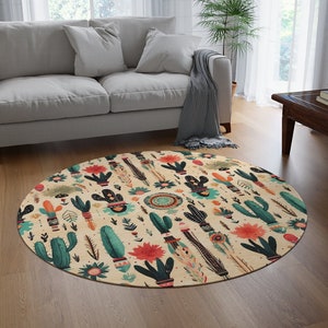 Southwestern Cactus Rug, Rugs for Bedroom Aesthetic, Western Circle Rug, Unique Circular Rug for Living Room, Cute Round Southwest Carpet