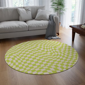 Groovy Green Checkered Rug, 70s Large Area Rugs for Bedroom Aesthetic, Trippy Retro Circle Rug, Checkerboard Circular Rug for Living Room