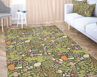 Cottagecore Mushroom Rug, Nature Inspired Large Area Rugs for Bedroom Aesthetic, Floral Rug for Indoor/Outdoor, Forestcore Decor 9x12 Rug