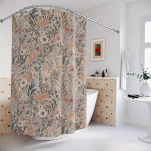 Floral Boho Shower Curtain, Whimsical Wildflower Shower, Botanical Bath Decor, Abstract Flower Bathroom Housewarming Gift, Bohemian Home