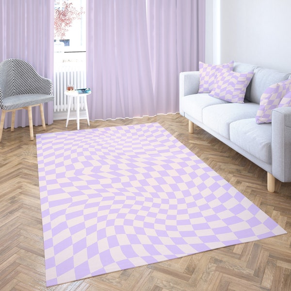 Groovy Purple Checkered Rug, Large Area Rugs for Bedroom Aesthetic, 70s Retro Rug for Indoor/Outdoor Checkerboard 9x12 Rug for Living Room