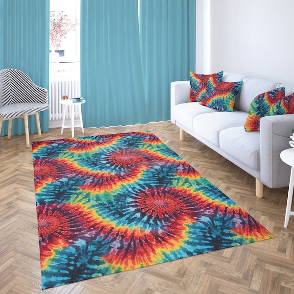 Tie Dye Rug, Colorful Rugs for Bedroom Aesthetic, Tiedye Rug for Indoor/Outdoor, Unique 9x12 Rug for Living Room, Rainbow Dorm Room Decor