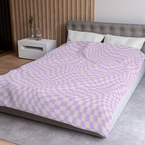 Retro Purple Checkered Bedding Set, Comforter or Duvet Cover, Wavy Groovy Bedroom Aesthetic, 70s Comforter, Kids or Dorm Room Blanket Gift