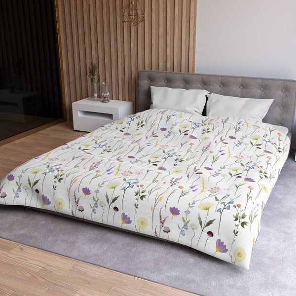 Floral Duvet Cover or Comforter Set, Wildflower Bedding Set, Bedroom Aesthetic, White Botanical Flower Bedding Home Decor, Gift for Grandma