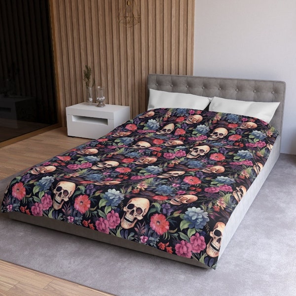 Skulls and Flowers Bedding Set, Comforter or Duvet Cover, Gothic Bedroom Aesthetic Decor, Floral Gift for Daughter, Goth Dorm Room Blanket
