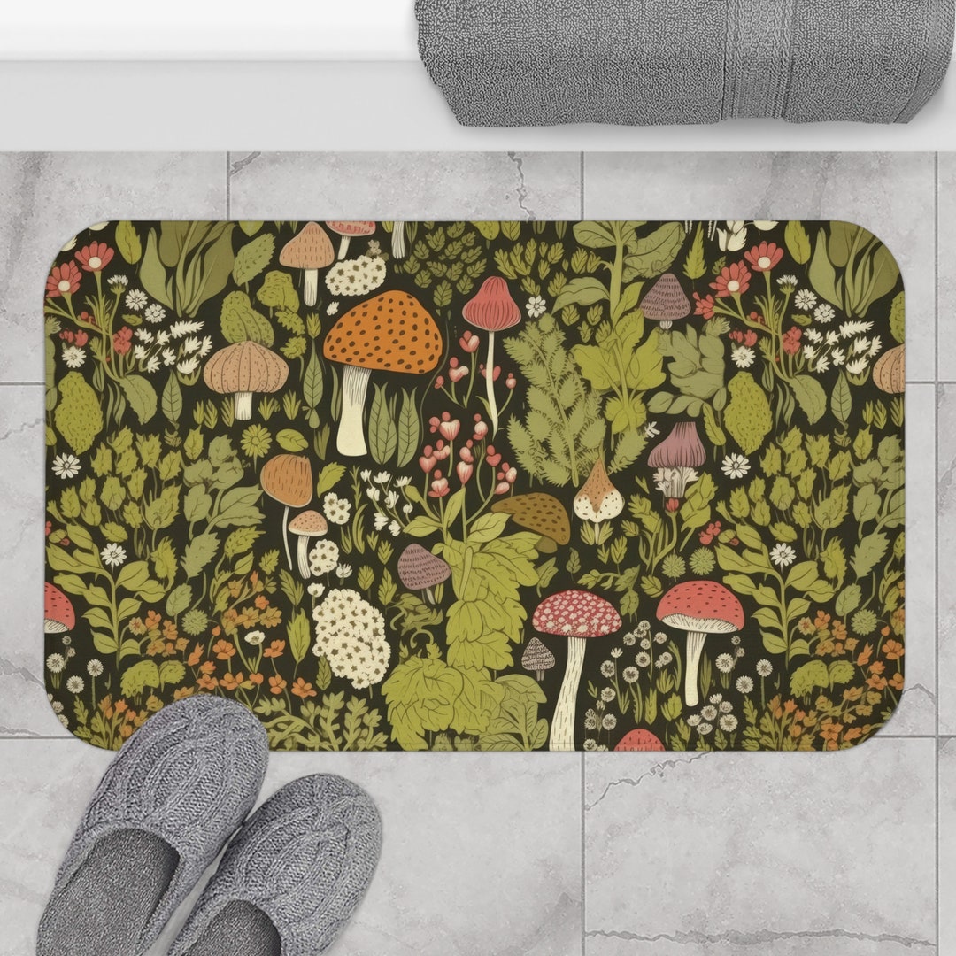 Cottagecore Mushroom Bath Mat, Green Goblincore Bath Decor, Abstract ...