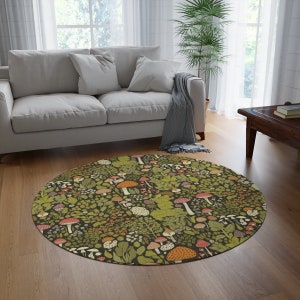 Cottagecore Mushroom Rug, Nature Inspired Large Area Rugs for Bedroom Aesthetic, Floral Round Rug Forestcore Decor, Green Circular Carpet