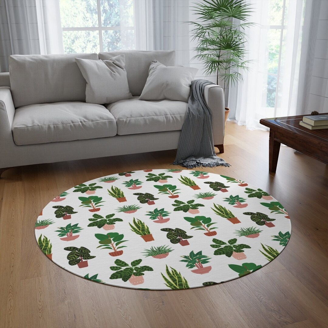 Plant Rug White Plant Rug for Living Room, Funky Rug, Boho Botanical Circle Rugs ...
