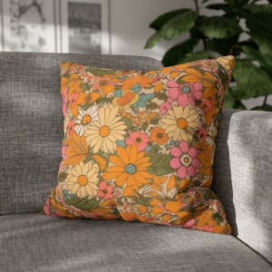 Flower Hippie Pillow, Cute 60s Throw Pillow Living Room Decor, Groovy Accent Pillows Gift for Home, Orange Pillow 70s Theme Retro Pillowcase