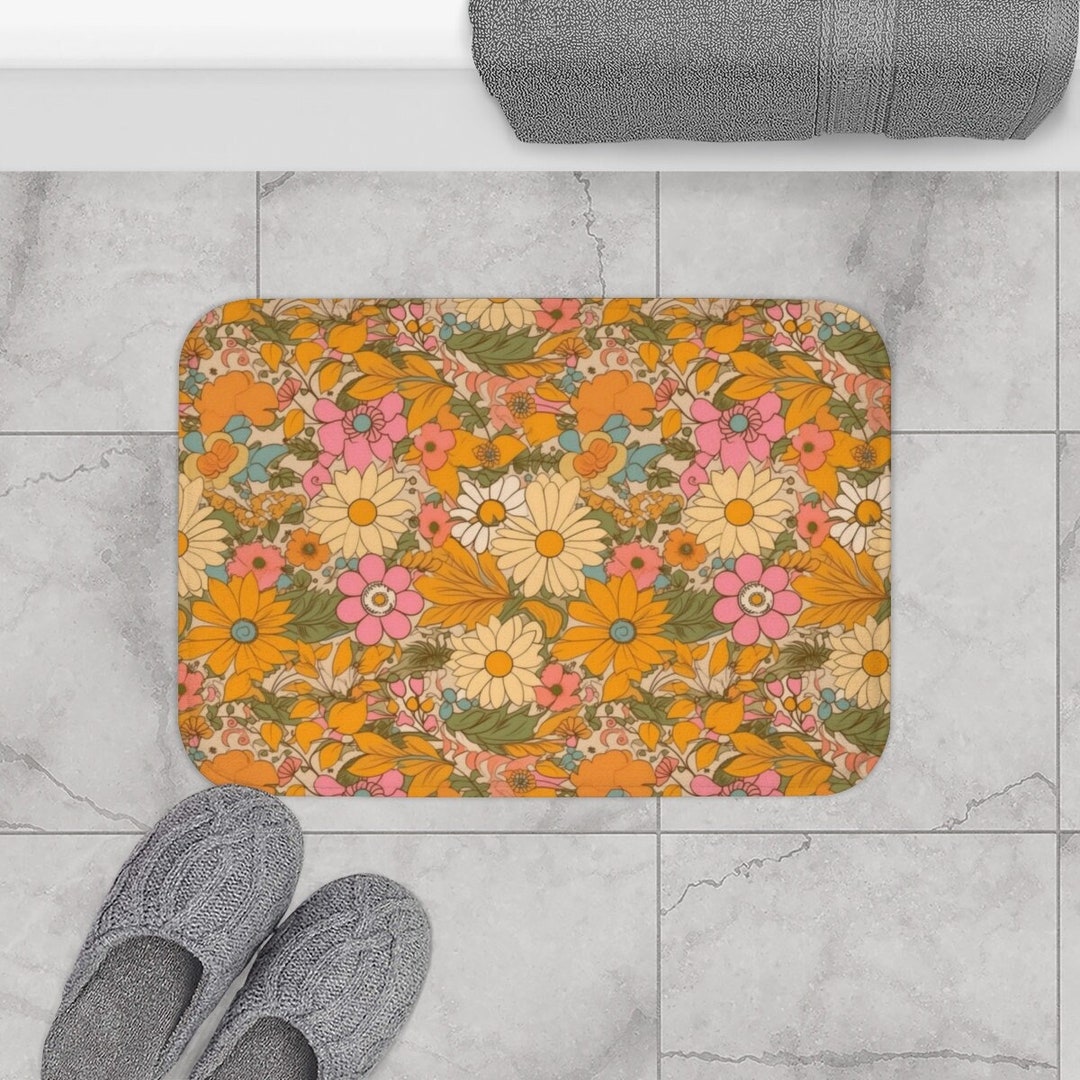 Flower Hippie Bath Mat Retro Decor, Cute Bathroom Mats, Cool Groovy Bathroom Set, 70s Floral ...