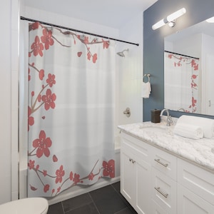 Red Cherry Blossom Shower Curtain | Cherry Blossom Bathroom Basics | Japan Theme Bathroom Curtains | Floral Shower Curtain | Housewarming