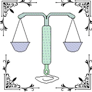 May include: A green and white pixelated scale with two bowls. The scale is balanced with the bowls on either side.