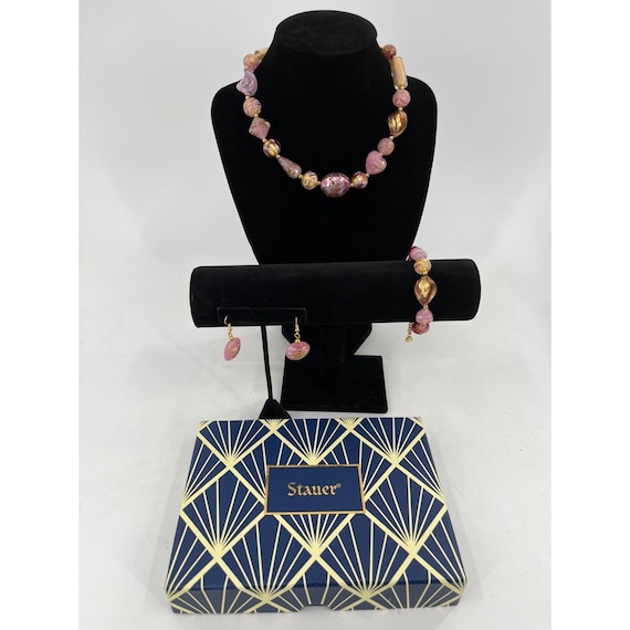 Stauer Rosa Murano Glass Beaded Necklace Earrings Set Gold Accents Parure
