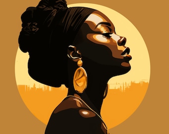 Impressão artística de mulher negra dourada: retrato de IA (download digital)