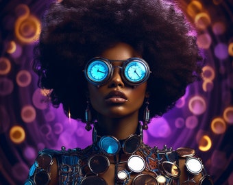 May include: A woman with an afro hairstyle wears a futuristic outfit with a silver and gold circular pattern. She is wearing blue-tinted goggles with clock faces on the lenses.