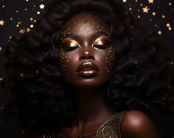 Impressão artística dourada de mulher negra: retrato elegante (download digital)