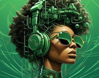 May include: A woman with green and black hair wears large green headphones with a futuristic design. She has on green and black sunglasses and a green and black outfit.