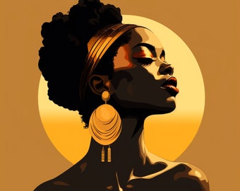 Impressão artística de mulher negra dourada: decoração de casa com IA (download digital)