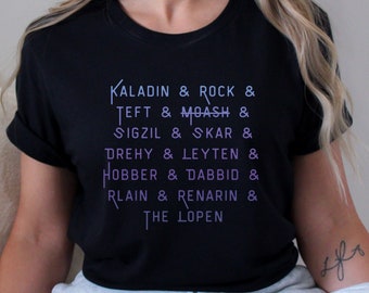 Camiseta Bridge Four Names, camiseta Stormlight Archive, camisa Kaladin Stormblessed, Brandon Sanderson, Cosmere, Teft Moash Rock, Sylphrena