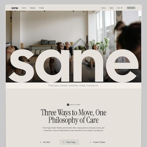 May include: A website interface with the word "sane" in large white letters. Below, the text reads "Find your center, breathe, move, transform." The page promotes yoga, Pilates, and hot mat classes, with images of people practicing yoga.
