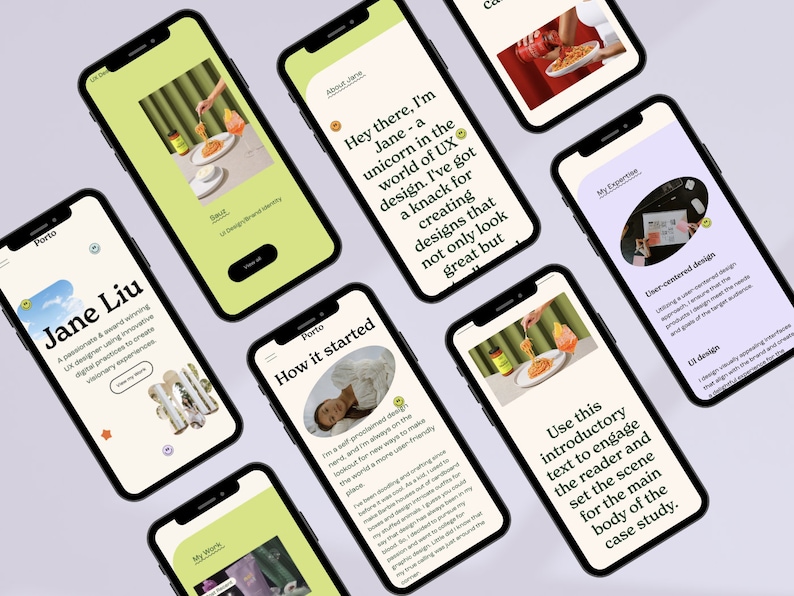 May include: A website mockup for a UX designer's portfolio. The website features a light green background with a white text overlay. The text includes the designer's name, a brief description of their work, and a call to action to learn more. The website also includes a section on the designer's expertise, which includes user-centered design and UI design.
