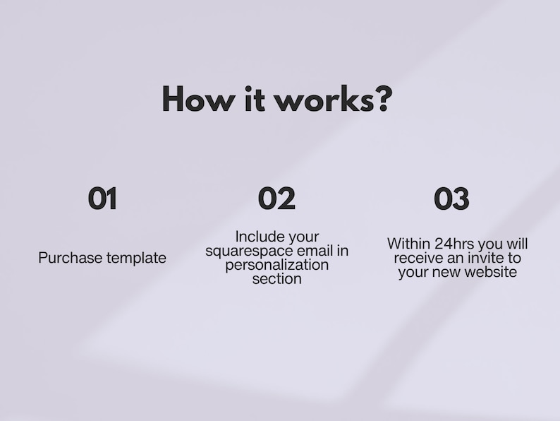 May include: How it works? 01 Purchase template 02 Include your squarespace email in personalization section 03 Within 24hrs you will receive an invite to your new website