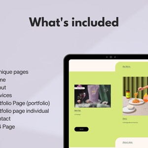 May include: A screenshot of a website design mockup on a tablet. The website is for a food brand and features a green background with images of food products and a section titled "My Work".