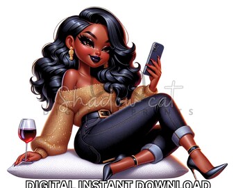Glam Black Woman Drinking Wine Clipart | Boss Babe Phone PNG