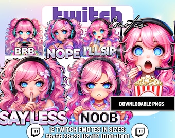 Emotes de Twitch de chica con pelo rosa – Gráficos kawaii para streamers (PNG, descarga instantánea)