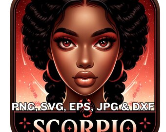 Imagen prediseñada de mujer negra Escorpio, signo zodiacal de noviembre, formato SVG y PNG (descarga digital)