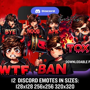 May include: Twelve red and black Discord emotes featuring a cartoon character with devil horns and different expressions. The emotes include "Bye", "Noob", "AFK", "Toxic", "WTF", and "Ban". The emotes are available in three sizes: 128x128, 256x256, and 320x320.