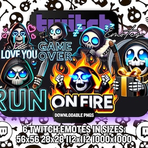 Twitch Emotes / 6 Reaper Twitch Emotes / Halloween Twitch Emotes / Spooky Skull Gamer Streamer Emotes - bulk PNG pack