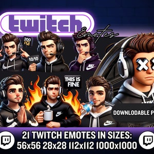 Emoticon Twitch maschile / 21 emoji Twitch del ragazzo dai capelli castani / Emote Twitch dello streamer ragazzo / Emote del giocatore Burnette Guy - PNG a download istantaneo