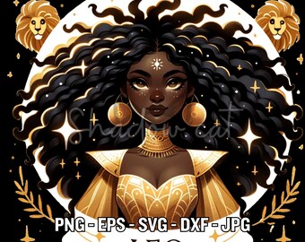 Leo Black Girl Zodiac Clipart, SVG PNG JPG (Digital Download)