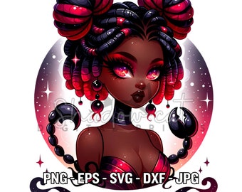 Imágenes prediseñadas de chica negra Escorpio, signo zodiacal SVG PNG (descarga digital)