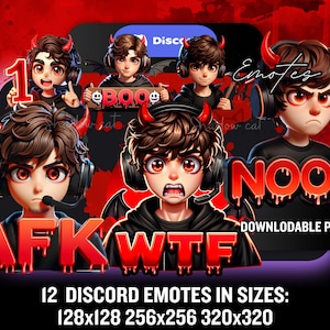 May include: A set of 12 red and black Discord emotes featuring cartoon characters with devil horns and various expressions. The emotes include "AFK", "WTF", "NOOB", and "1". The emotes are available in three sizes: 128x128, 256x256, and 320x320.
