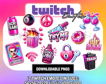 12 rosa tjejiga meme-emotes på Twitch – Kawaii Gamer-emotepaket (PNG)