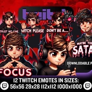 May include: Twelve Twitch emotes featuring a cartoon character with red devil horns and a black hoodie. The emotes are in various poses and expressions, including "Trust No One", "Witch Please", "Don't Be A...", "Focus", and "Maybe Today Satan". The emotes are available in sizes 56x56, 28x28, 112x112, and 1000x1000.